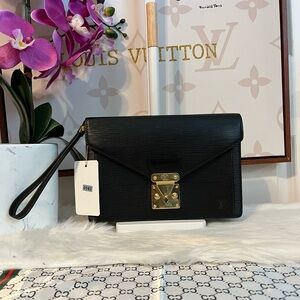 Louis Vuitton Black EPI Clutch with Gold Accents